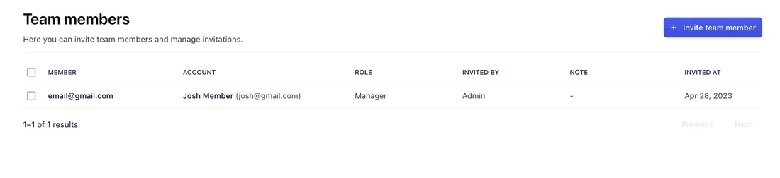 Team members page with a pending invitation